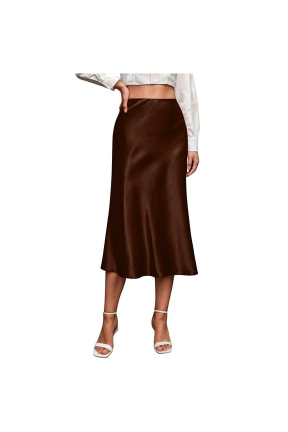 Skirts for Women Summer Mini Skirts 2025 Elastic High Waisted Satin Silk A-Line Zipper Split Slit Party Skirt Brown,XL