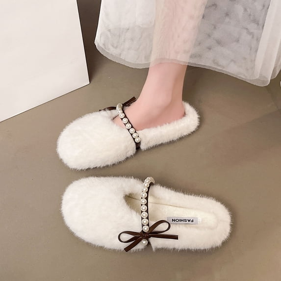Nmnitkp Slippers for Women Pearl Bow Fall And Winter Style Comfortable Warm Slippers White,39