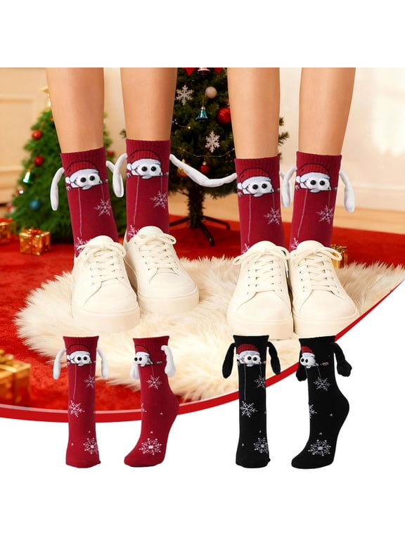 Socks for Women Funny Christmas Socks, Magnetic Hand Holding Socks, Christmas Stocking Stuffers for Women Men Couples, White Exchange Gifts, Xmas Santa Gag Gifts Red,Free Size