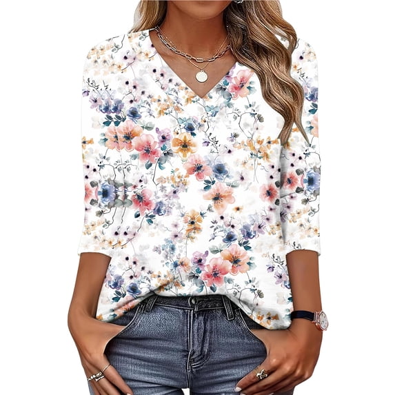 Nmnitkp Spring 2026 Womens Tops Fashion 3/4 Sleeve Tops for Women Chinese Ink Landscape Print V-Neck Women's T-Shirts, Loose Casual Spring Blouses Multicolor #12,XL