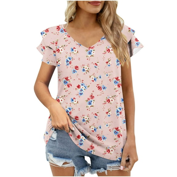 Nmnitkp Spring Tops for Women Casual T Shirts for Summer 2025 Short Sleeve Crewneck Tunic Shirts Floral Print Tops Pleated Dressy Blouse