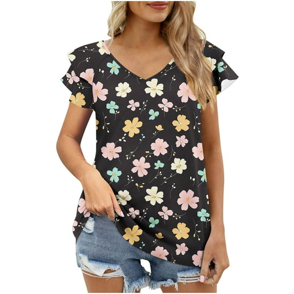 Nmnitkp Spring Tops for Women Casual T Shirts for Summer 2025 Short Sleeve Crewneck Tunic Shirts Floral Print Tops Pleated Dressy Blouse