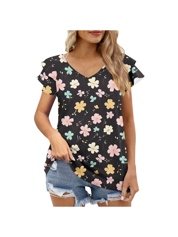 Spring Tops for Women Casual T Shirts for Summer 2026 Short Sleeve Crewneck Tunic Shirts Floral Print Tops Pleated Dressy Blouse