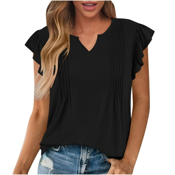 Nmnitkp Spring Tops for Women,Tops for Women Trendy,Women's Casual Shirred V-Neck Top Ruffle Short Sleeve Shirts Basic Pleated Top
