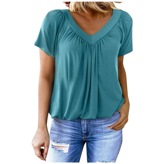 Nmnitkp Spring Tops for Women,Womens Ruffle Sleeve Tunic Tops Pleated V Neck Loose Fit Short Sleeve Shirts Summer Floral Casual Boho Blouses