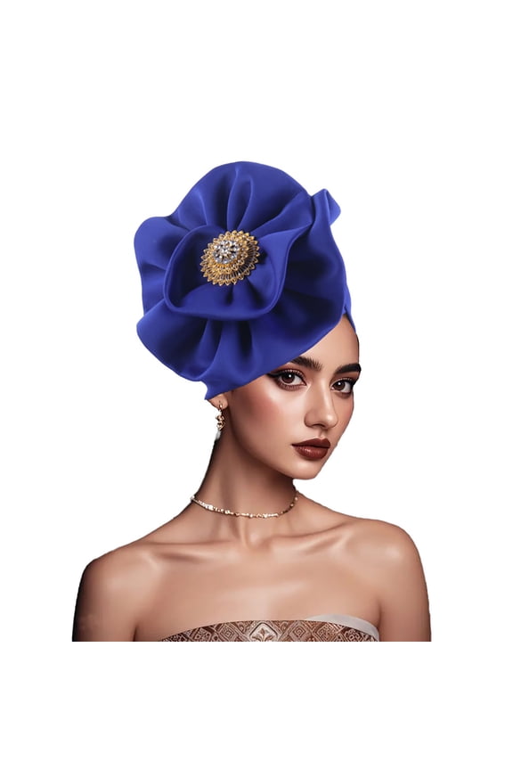 Stretch Turban Hats African Double Layered Headwraps Soft Pre-Tied Bonnet Hair Wrap Ruffles Turbans for Black Women Blue