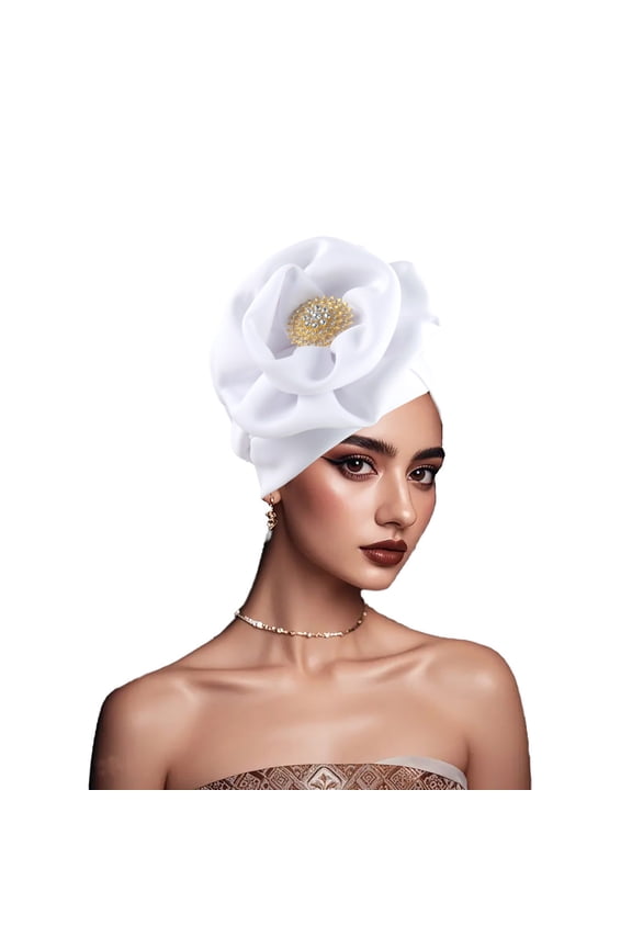 Stretch Turban Hats African Double Layered Headwraps Soft Pre-Tied Bonnet Hair Wrap Ruffles Turbans for Black Women White