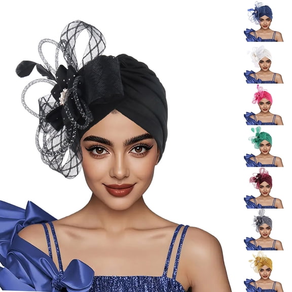 Nmnitkp Stretch Turban Hats,Beanie Cap Head Wrap Black Rhinestones Head Scarf Flower Pearls Twisted Head Turban for Women Girls Black