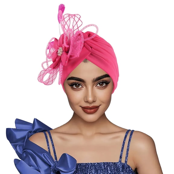 Nmnitkp Stretch Turban Hats,Beanie Cap Head Wrap Black Rhinestones Head Scarf Flower Pearls Twisted Head Turban for Women Girls Hot Pink