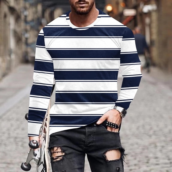 Nmnitkp Striped Long Sleeved T-Shirt for Men Spring Casual T-Shirt for Men Retro Autumn Pullover Stripe tee Shirt Navy,3XL