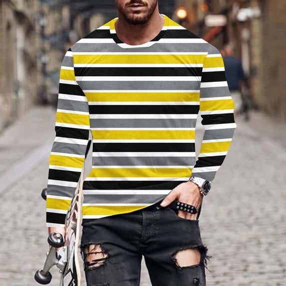 Nmnitkp Striped Long Sleeved T-Shirt for Men Spring Casual T-Shirt for Men Retro Autumn Pullover Stripe tee Shirt Yellow,M