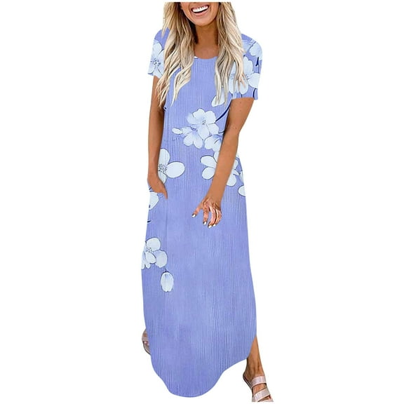 Nmnitkp Summer Dress for Women Crew Neck Short Sleeve Solid Basic T-Shirts Casual Maxi Dress with Pocket