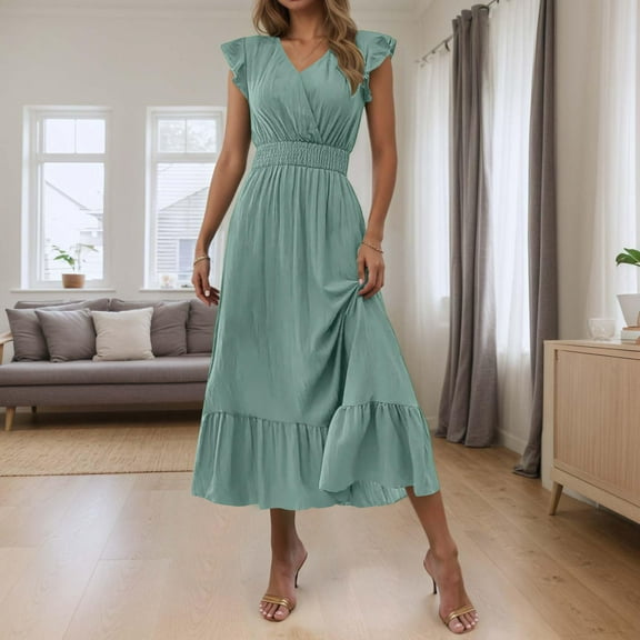 Nmnitkp Summer Dresses for Women 2025 Beautiful,Dresses for Women Bohemian Solid V-Neck Long Beach Sun Dresses Sleeveless Solid Maxi Dress Mint Green,L