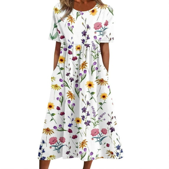 Nmnitkp Summer Dresses for Women 2026 Excellent Workmanship Spring Dresses Beautiful Fashion Casual Round Neck Short Sleeve Zipper Folding Floral Printed Dresses