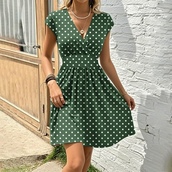 Nmnitkp Summer Dresses for Women 2025 Fashionable and Beautiful Dresses for Women Floral Print Elegant Deep V Neck Fashion Short Sleeve Dress Army Green,XL