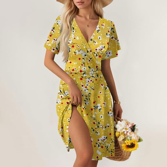 Nmnitkp Summer Dresses for Women 2025 Fashionable and Beautiful Dresses for Women Floral Print Elegant Deep V Neck Fashion Short Sleeve Dress Multicolor,2XL