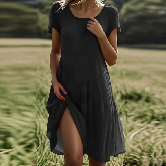Nmnitkp Summer Dresses for Women 2025 Premium Fabric Midi Dress Dresses for Women Casual Short Sleeve A-Line Cotton Linen Dress Flowly Beach Tunic Sundresses with Pockets Black,2XL