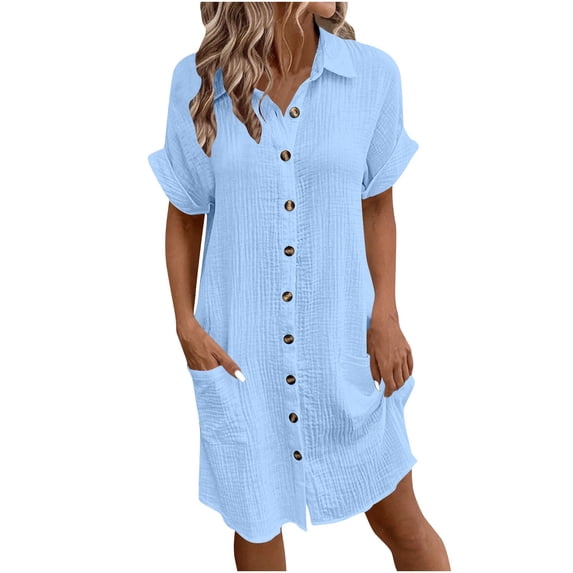 Nmnitkp Summer Dresses for Women Casual V Neck Oversize Shirt Dresses for Vacation with Large Pocket Solid Color Button Cotton Sundresses for Women S-2XL