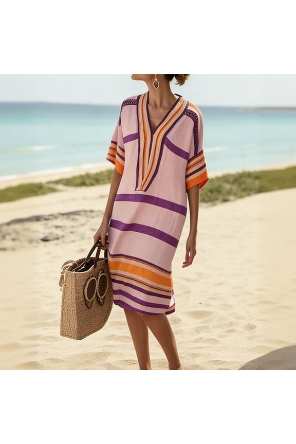 Summer Dresses for Women Linen Blend Striped Kaftan Dress,V Neck Batwing Sleeve Loose Fit Casual Womens Dresses for Beach Vacation & Resort Wear Dresses Pink,S