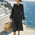 thumbnail image 1 of Nmnitkp Summer Dresses for Women Linen Blend Tie Neck Midi Dress, Long Bell Sleeve Loose Fit Shift Dress with Pockets for Vacation & Casual Office Black,S, 1 of 7