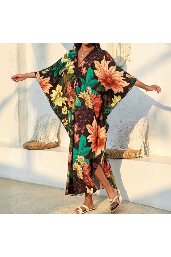Summer Dresses for Women Plus Size Floral Print Kaftan Maxi Dress, Loose Fit Batwing Sleeve V Neck Beach Cover Up for Vacation Resort Wear Multicolor #07,Free Size
