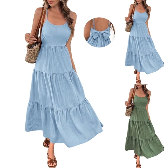 Nmnitkp Summer Dresses for Women Sleeveless Spaghetti Strap Backless Tiered Maxi Dress, Casual Summer Beach Vacation Dress with Back Bow, Waist Tie & Flowy Ruffle Hem Dress Blue,M