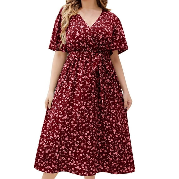 Nmnitkp Summer Dresses for Women 2025 Casual Oversize Midi Dresses Comfort Short Sleeve V Neck Floral Plus Size Dresses Loose Hawaiian Sundresses