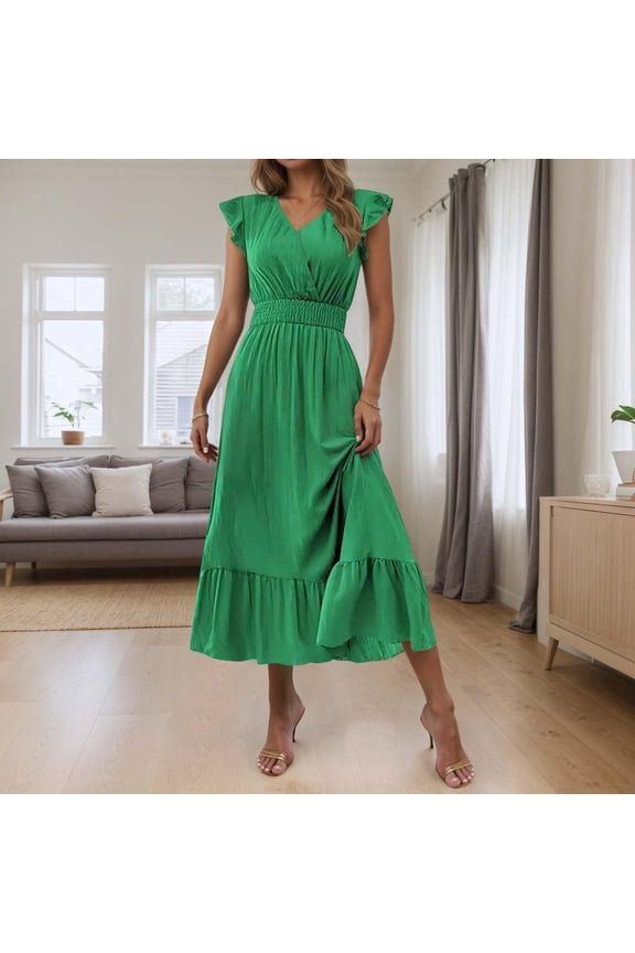 Summer Dresses for Women 2026 Beautiful,Dresses for Women Bohemian Solid V-Neck Long Beach Sun Dresses Sleeveless Solid Maxi Dress Green,M