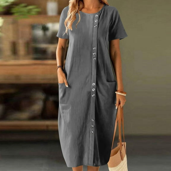 Nmnitkp Summer Dresses for Women 2025 Beautiful,Dresses for Women New Design Casual Loose Swing Button Down Knee Dress with Pockets Dark Gray,L