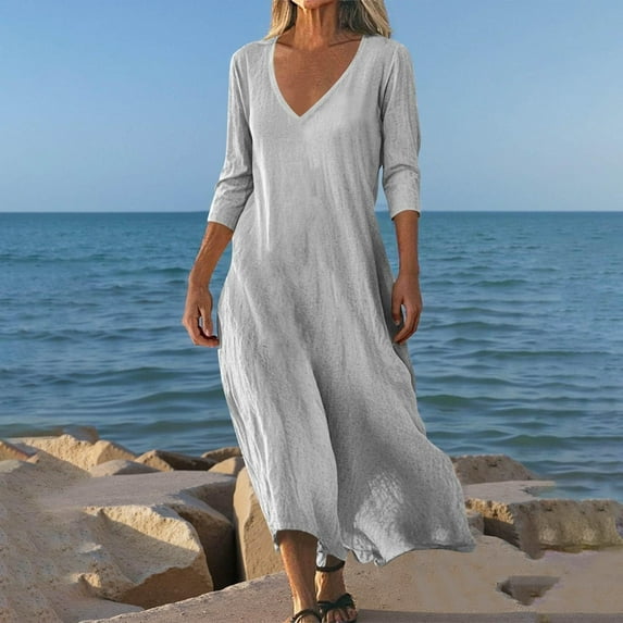 Nmnitkp Summer Dresses for Women 2026 Fashion Dresses for Women Casual V-Nek 3/4 Sleeve Solid Mid-Calf Dress Gray,XL