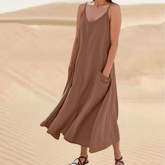 Nmnitkp Summer Dresses for Women 2025 Imitation And Linen Suspender Solid Color Pocket Jumpsuit Long dress,New Design Plus Size Dresses Brown,M
