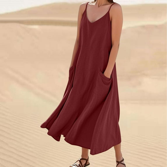 Nmnitkp Summer Dresses for Women 2026 Imitation And Linen Suspender Solid Color Pocket Jumpsuit Long dress,New Design Plus Size Dresses Wine,3XL