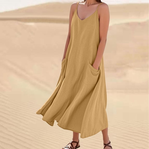 Nmnitkp Summer Dresses for Women 2026 Imitation And Linen Suspender Solid Color Pocket Jumpsuit Long dress,New Design Plus Size Dresses Yellow,2XL