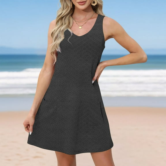 Nmnitkp Summer Dresses for Women 2025 Sleeveless Tank Dress Crewneck Solid Color Basic A Line Casual Short Mini Dresses with Pockets Black,2XL