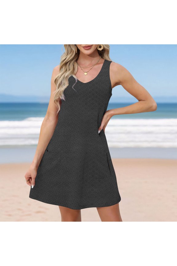 Summer Dresses for Women 2026 Sleeveless Tank Dress Crewneck Solid Color Basic A Line Casual Short Mini Dresses with Pockets Black,S