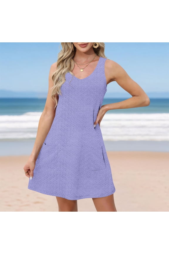 Summer Dresses for Women 2026 Sleeveless Tank Dress Crewneck Solid Color Basic A Line Casual Short Mini Dresses with Pockets Purple,S
