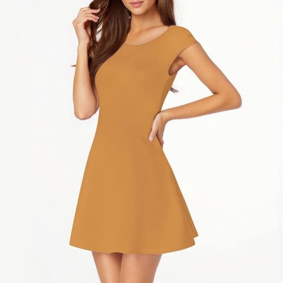 Nmnitkp Summer Dresses for Women 2026 Solid Color Lace Short Sleeved Round Neck Mid Length Dress Yellow,M