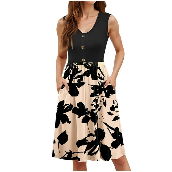 Nmnitkp Summer Dresses for Women 2025,Spring Dresses Womens Excellent Workmanship Dresses Fashion Printing Button Pocket Sleeveless Round-Neck Dress