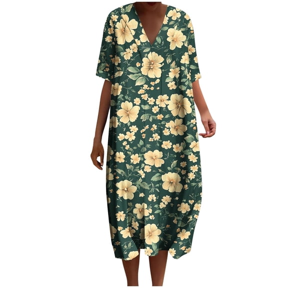 Nmnitkp Summer Dresses for Women 2025,The Latest Style Womens Dresses Pockets Printing Dresses Loose V-Neck Short Sleeve Dresses