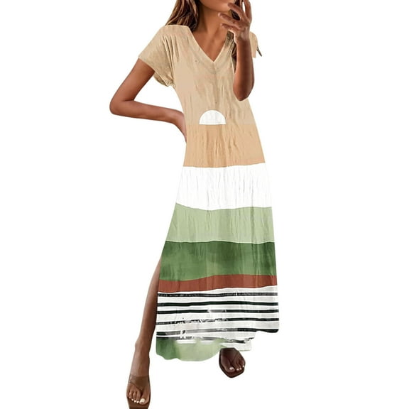 Nmnitkp Summer Dresses for Women 2025,The Latest Style Womens Dresses Spring And V-Neck Solid Casual Short Sleeved Long Dress