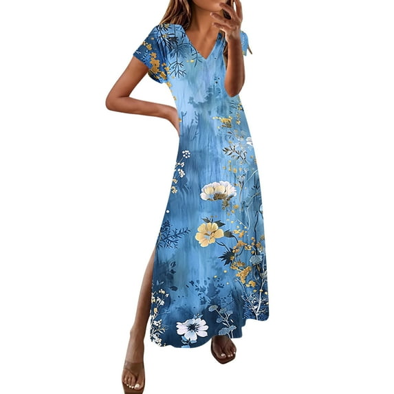 Nmnitkp Summer Dresses for Women 2025,The Latest Style Womens Dresses Spring And V-Neck Solid Casual Short Sleeved Long Dress
