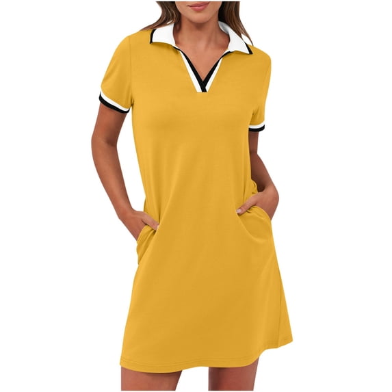 Nmnitkp Summer Dresses for Women 2025,Womens Dresses Solid Dresses Short Sleeve V Neck Casual Summer Tennis Golf Mini Shirt Dress With Pockets