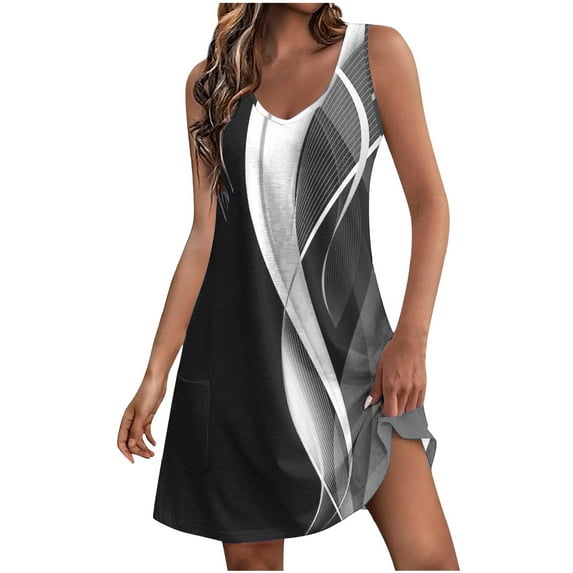 Nmnitkp Summer Dresses for Women Casual Sleeveless Color Block Tshirt Beach Dress V Neck Flowy Tank Sundresses with Pockets S-XXL