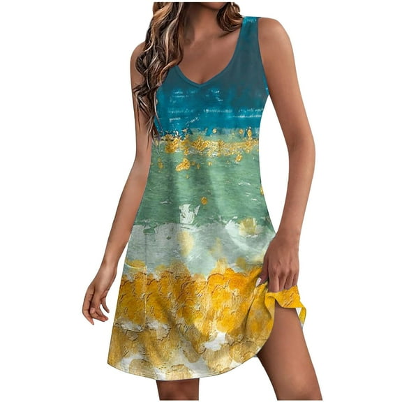 Nmnitkp Summer Dresses for Women Casual Sleeveless Color Block Tshirt Beach Dress V Neck Flowy Tank Sundresses with Pockets S-XXL