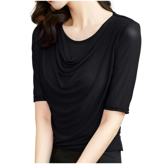 Nmnitkp Summer Tops for Women 2026 New Type Women's Half Sleeve T Shirts Casual Solid Color Round Neck Spring Tops T-shirt Fashion Mesh Pile Neck Womens Tops(PLUS SIZE)