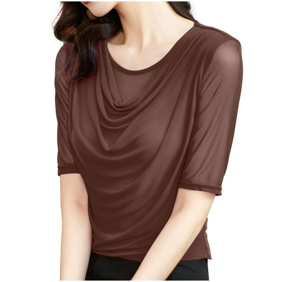 Nmnitkp Summer Tops for Women 2025 New Type Women's Half Sleeve T Shirts Casual Solid Color Round Neck Spring Tops T-shirt Fashion Mesh Pile Neck Womens Tops(PLUS SIZE)