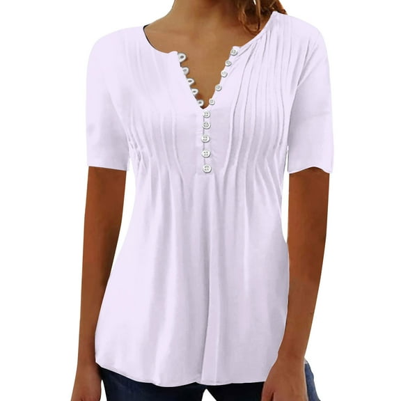 Nmnitkp Summer Tops for Women 2025 Pride Shirt V-Neck Pleated Solid Color Button Up Top Going Out Tops for Women Comfortable and Loose
