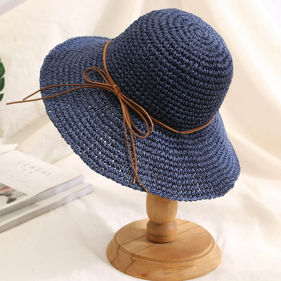 Nmnitkp Sun Hats for Women Cool Floppy Big Beach Straw Hats for Women Foldable Summer Wide Brim Packable Sun Hat Womens Travel Straw Fedora Hat Navy