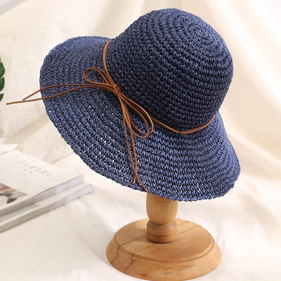 Nmnitkp Sun Hats for Women Cool Floppy Big Beach Straw Hats for Women Foldable Summer Wide Brim Packable Sun Hat Womens Travel Straw Fedora Hat Navy
