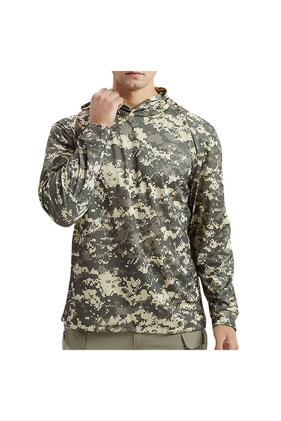 Sun Protection Shirts for Men High Quality Sunscreen Fabric Men's Sun Protection Hoodie Shirts UPF 50+ Long Sleeve Rash Guard Performance Athletic Running Hiking Camouflage T-Shirt Hoodie